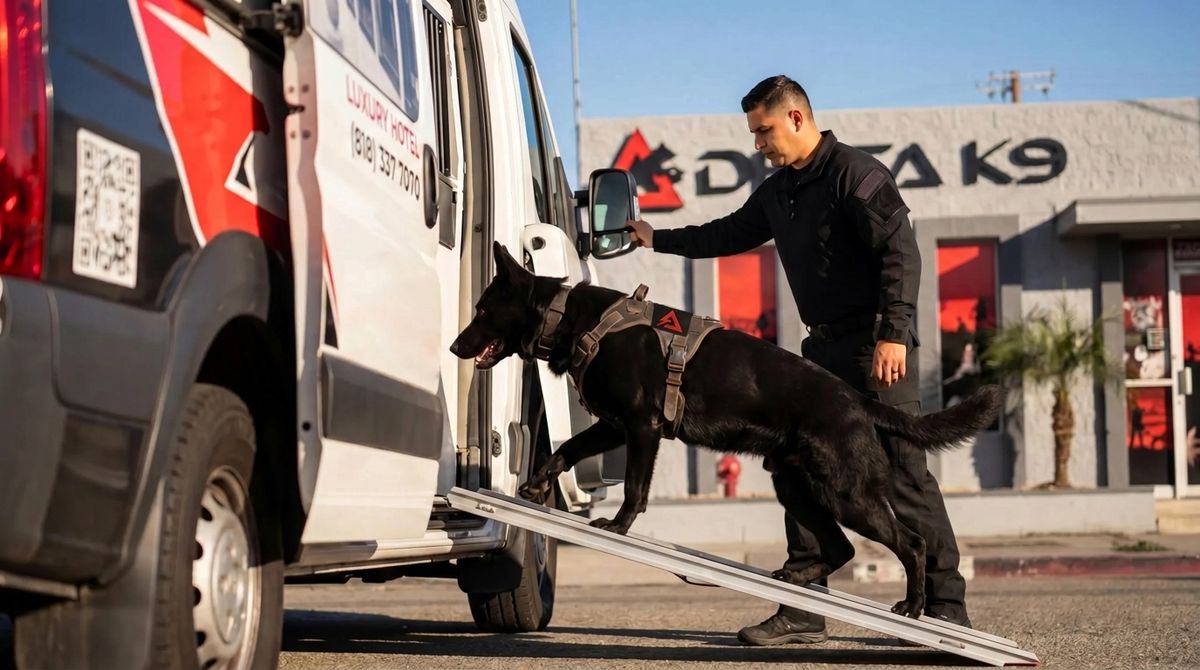 Delta K9 handler with working dog ready for transport